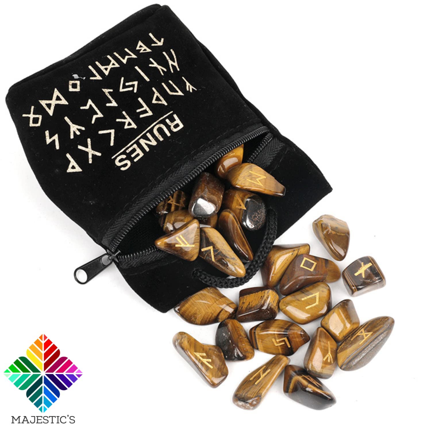 Runes Divinatoires VIKINGS - Pack de 25 Runes en Pierres Naturelles d’Oeil de Tigre Gravées (2 cm x 1 cm) + Sac Noir + Ebook Pratique (PDF) - Alphabet Runique Futhark parfait pour Divination, Voyance