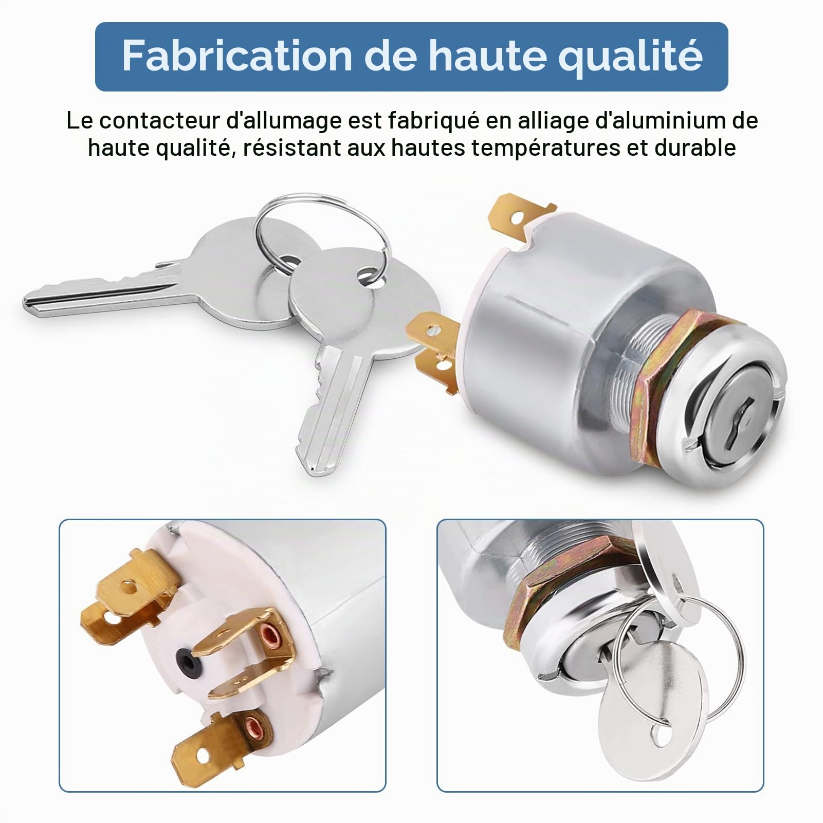 Contacteur d'allumage, 12V Contacteur à Clé d'allumage à 4 positions avec démarrage ON OFF, Interrupteur de Démarrage du Moteur, pour la Plupart des Voitures, Motos et Bateaux