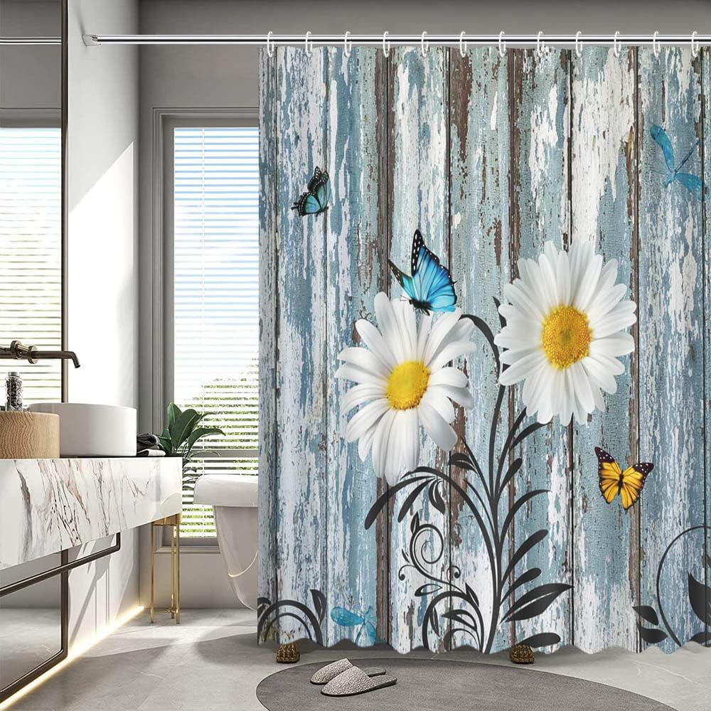 MEHOFOND Daisy Shower Curtain, White Daisy Rustic Shower