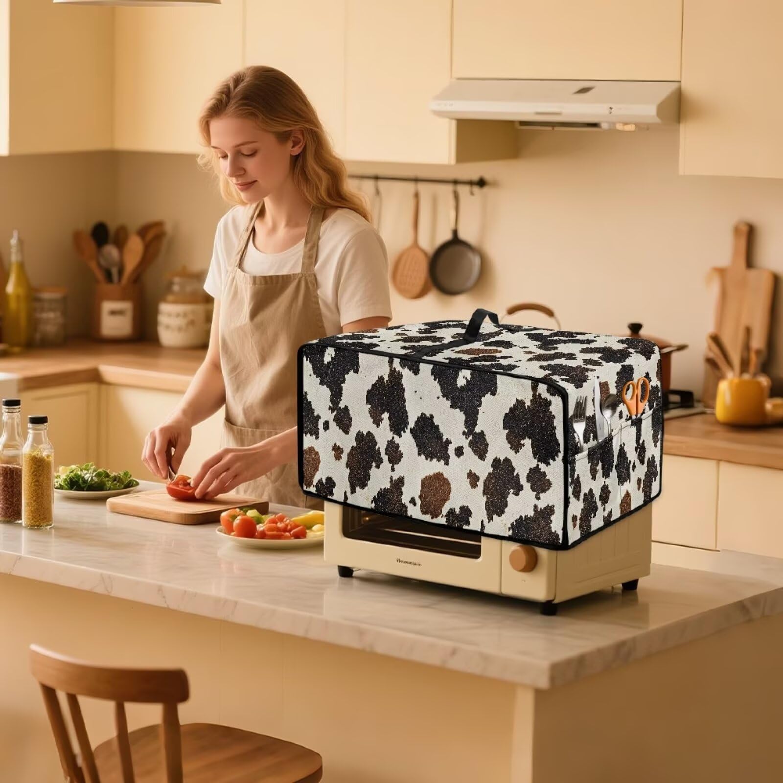 Wanyint Toaster Oven Protector Stain-Resistant Polyester Smart Oven Air Fryer Protective Case with Accessory Pockets Home Kitchen Decoration, 18.5 x 14.5 x 9 Inches, Beige Brown Cow Print