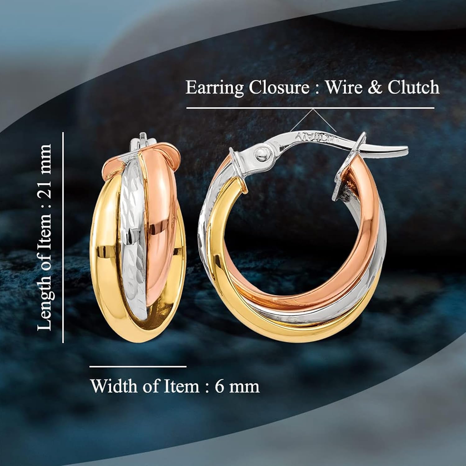 Diamond2Deal 14k Yellow Gold Tri-Color Hoop Earring (L-21 mm W-6 mm)
