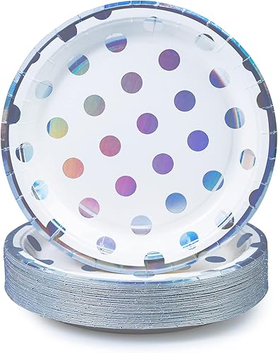 Platos de papel de fiesta paquete de 50 platos desechables borde de lámina plateada y lunares 9 pulgadas