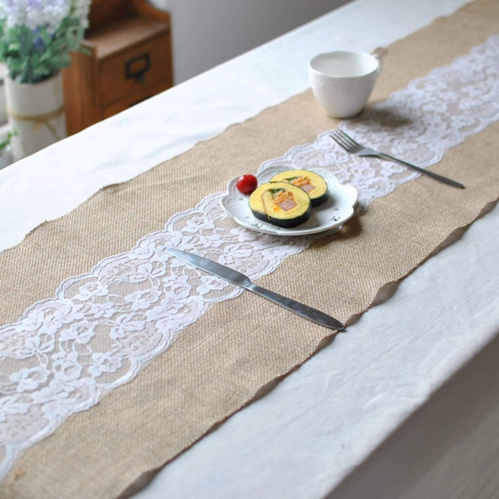 Bieżnik lniany jutowy, bieżnik na stół 30 x 275 cm khaki biały prosty jednolity kolor z koronką Święto Dziękczynienia bieżnik dekoracja