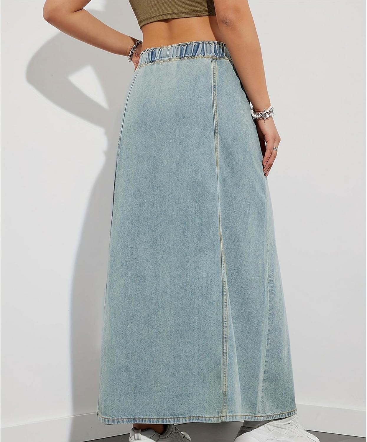 Womens Denim Skirt Casual High Waist Paperbag Elastic A Line Long Maxi Flare Skirt Summer Beach Jean Skirt - Image 3
