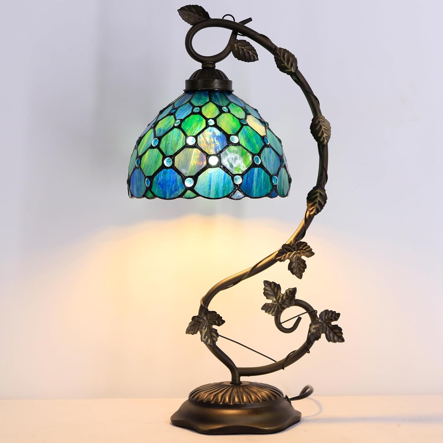 Tiffany Lamp Stained Glass Table Lamp Metal Leaf Desk Reading Light 8X10X21 Inch Decor Small Space Bedroom Home Office (Sea Blue Pearl)
