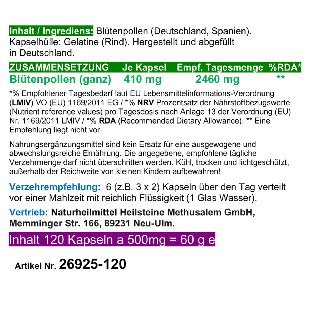 BLÜTENPOLLEN - GANZE Bienenpollen in Kapseln - MultiVitamin + MultiMineral NATUR PUR - 360 (3x120) Kapseln Imkerqualität - HOCHWIRKSAM. OHNE ZUSATZSTOFFE. 26925-3