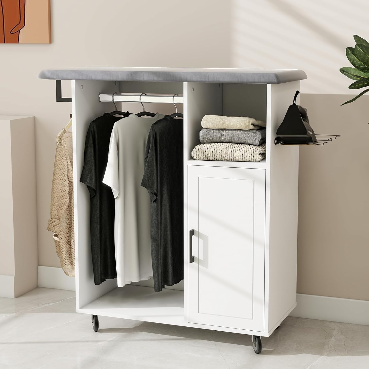 Rolling Ironing Board with Storage Cabinet, Tabletop Ironing Board for Small Spaces, Craft Table with Storage Shelves, Portable Sewing Table with Iron Rack and Heat-Resistant Sponge for Laundry Room