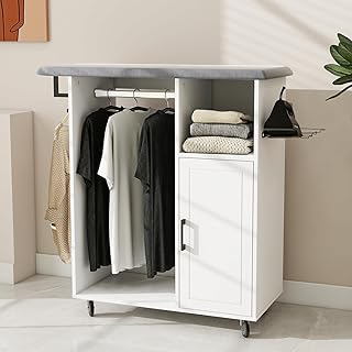 Rolling Ironing Board with Storage Cabinet, Tabletop Ironing Board for Small Spaces, Craft Table with Storage Shelves, Portable Sewing Table with Iron Rack and Heat-Resistant Sponge for Laundry Room