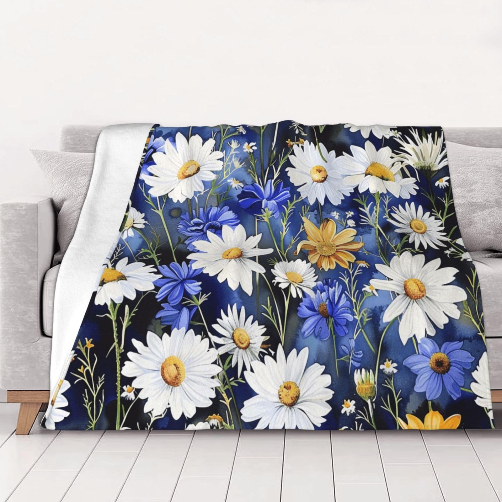 AUBKFELD Wild Flowers and Cornflowers Daisies Printed Flannel Blanket 150x125 CM, Soft & Warm Throw Blanket for Sofa/Couch/Bed/Car, Gifts for Audlts Women Men