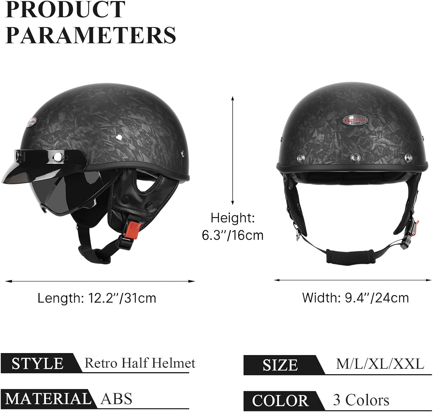 Retro Motorcycle Half Helmet with Retractable Sun Visor, DOT Certified Vintage Open Face Helmets for Men & Women for Cruiser Chopper Moped Scooter