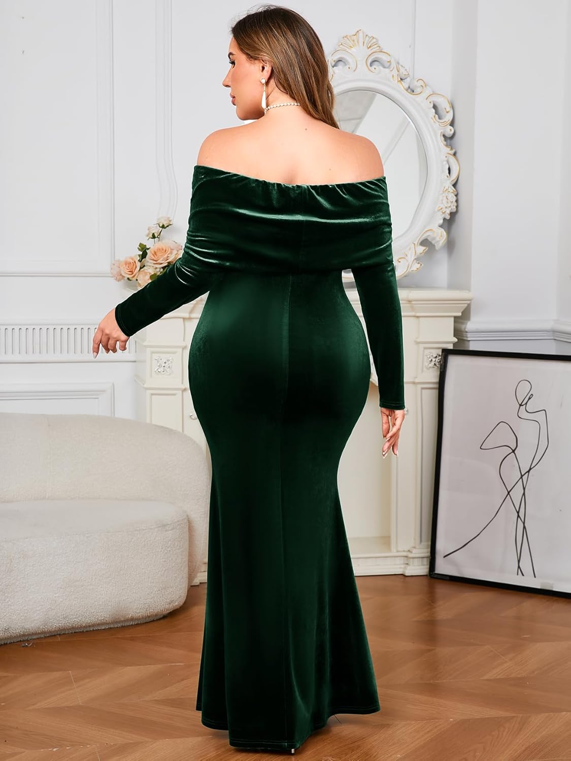 ZOMVA Plus Size Off Shoulder Velvet Dress Long Sleeve Mermaid Bodycon Maxi Evening Gown for Cocktail Party Wedding Guest - Image 5