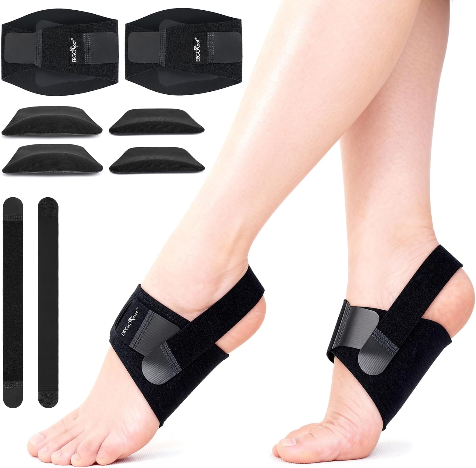 ERGOfoot Arch Support Brace with Replaceable Pads for Plantar Fasciitis, Flat Feet,Orthopedic Arch Inserts with Adjustable Strip, 2 Heights Non-Slip Gel Pads for Women,Black