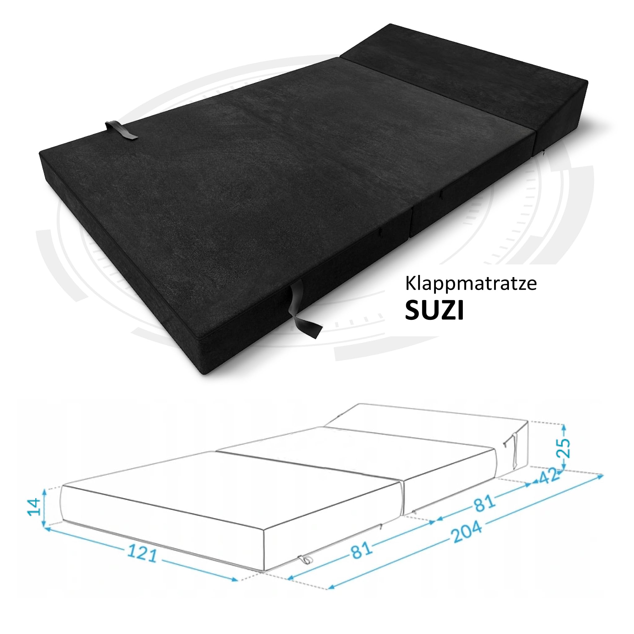 FDM Składany materac SUZI MAXI 120 x 200 cm, materac z zimnej pianki, wysokość 14 cm, stopień twardości H3, Öko-Tex, nadaje się dla alergików, poszewka Trinity, nadaje się do prania, kolor czarny