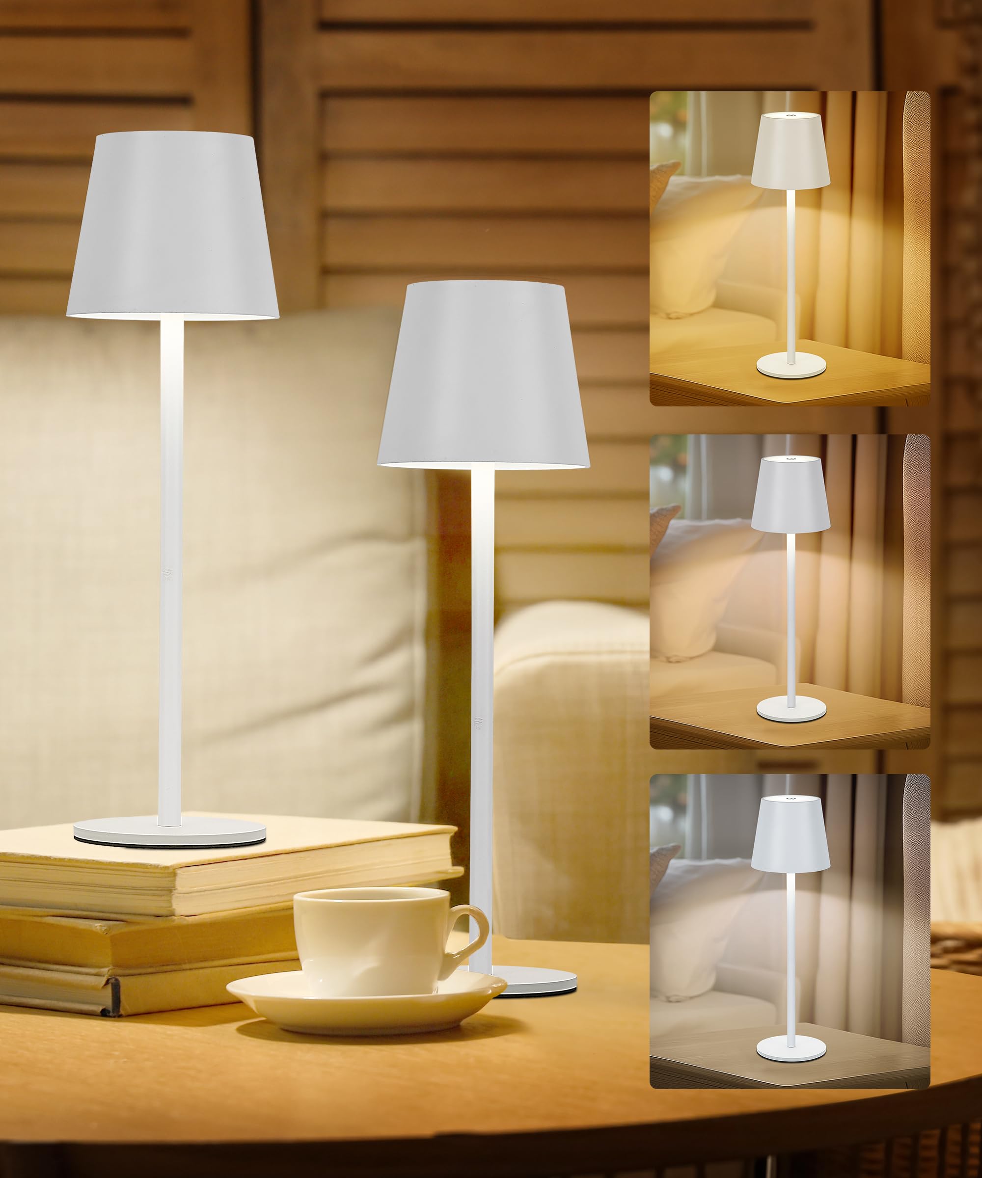Lámpara de mesa inalámbrica recargable, paquete de 2 lámparas que funcionan con pilas de 5200 mAh, IP54, impermeable, lámpara inalámbrica con 3 modos de color, control táctil, luz nocturna