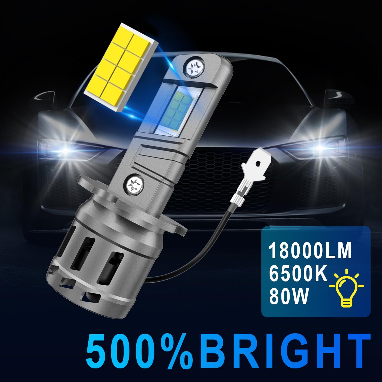 AUXIRACER H3 LED Lampadina Senza Polarità, 16000LM 80W 6500K Bianco Xenon 500% Luminoso, Fari Auto e Moto, Sostituzione Alogena per Abbaglianti e Anabbaglianti, IP68, 2 Pezzi