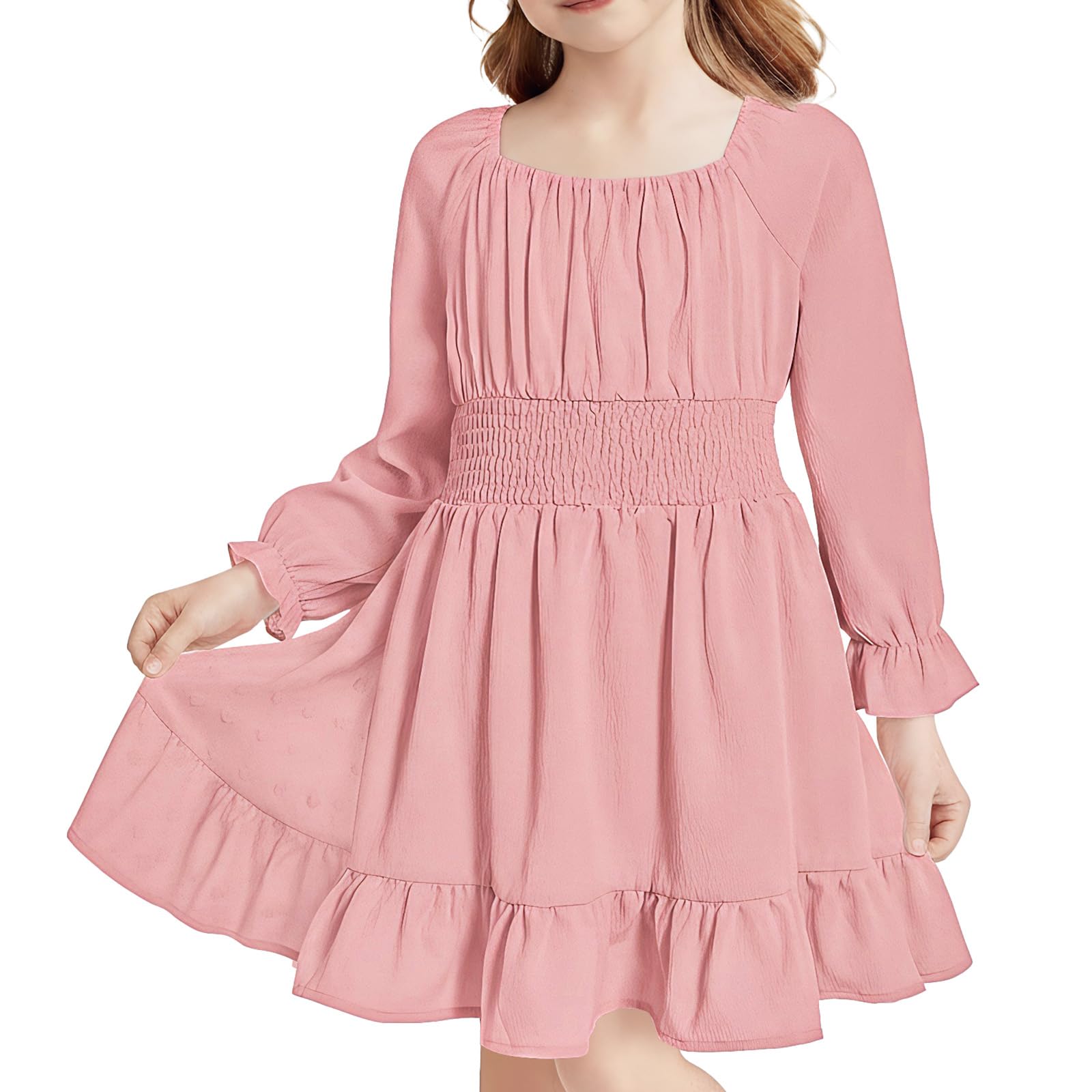 JiAmy Mädchen Kleid Quadratischer Ausschnitt Langarm Herbst A Linie Kleider Kinder Casual Elegante Party Prinzessin Festlicheskleid für Mädchen 5-13 Jahre