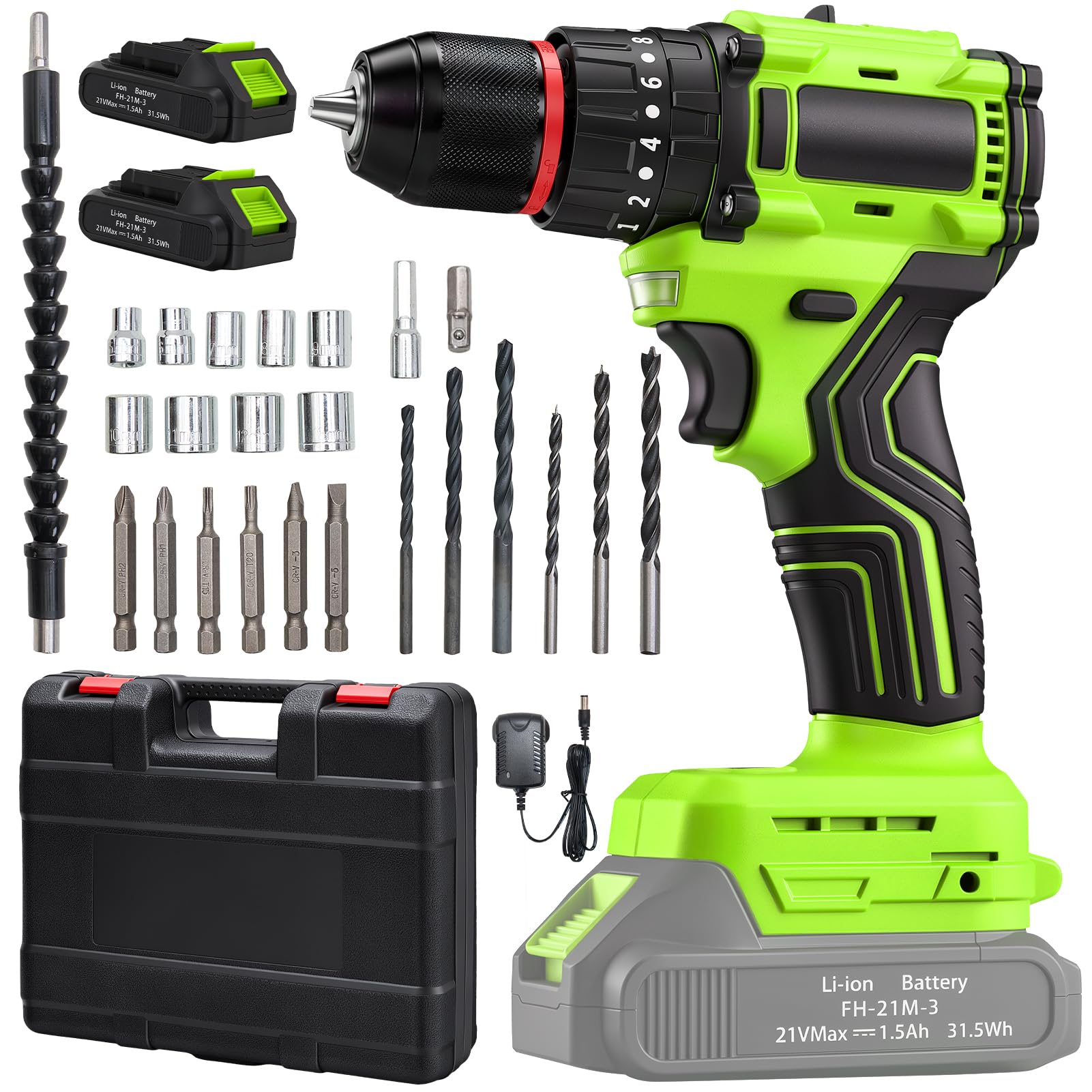 Brushless Cordless Combi Drill Set, 21V Electric Drill with 2 Batteries