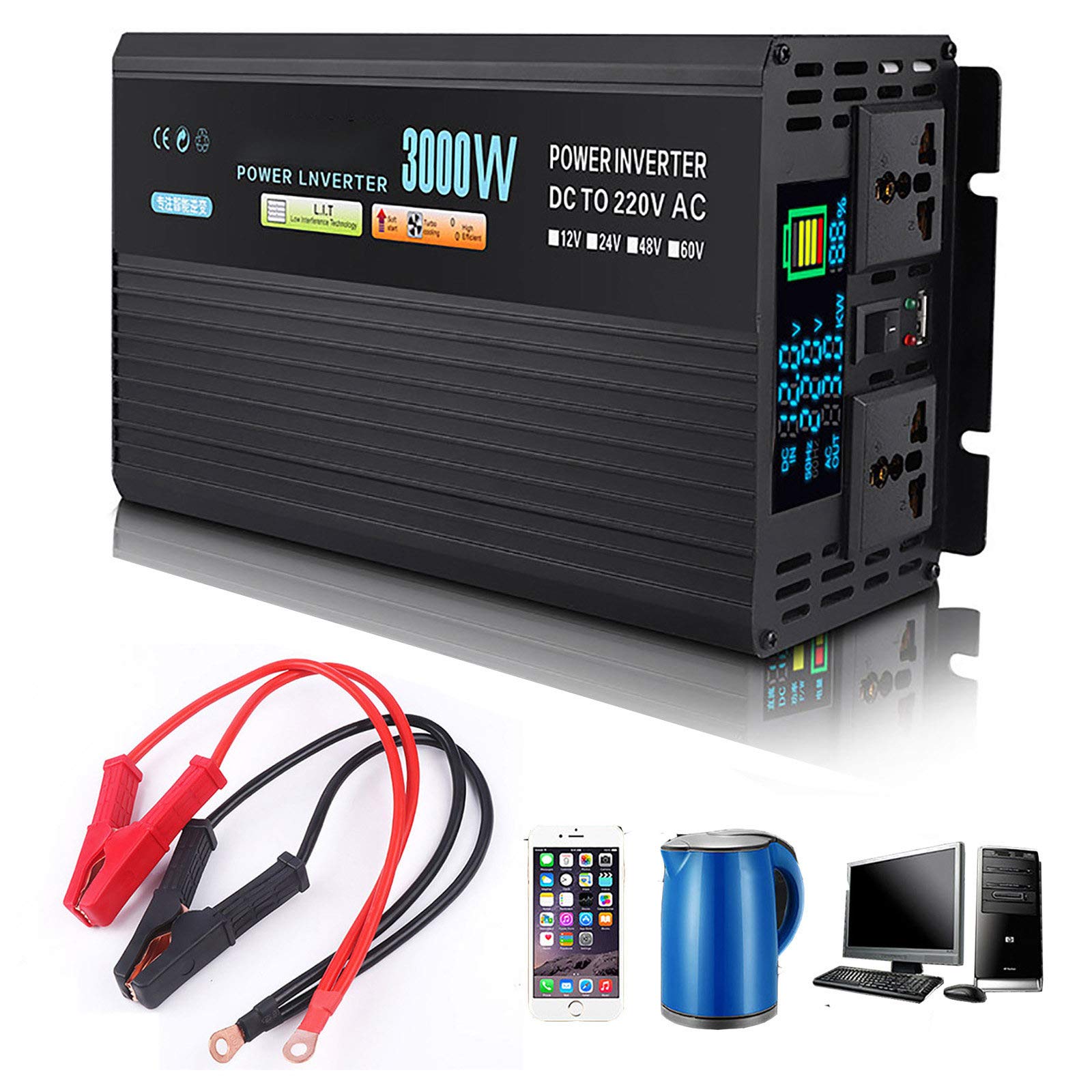 Zdcdy Power Inverter Modified Sine Wave, DC 12V /24V /48V /60V to 220V AC, Power Supply Voltage Converter With LCD Display and AC Outlets, for RV Truck Car Camping,24V-3000W