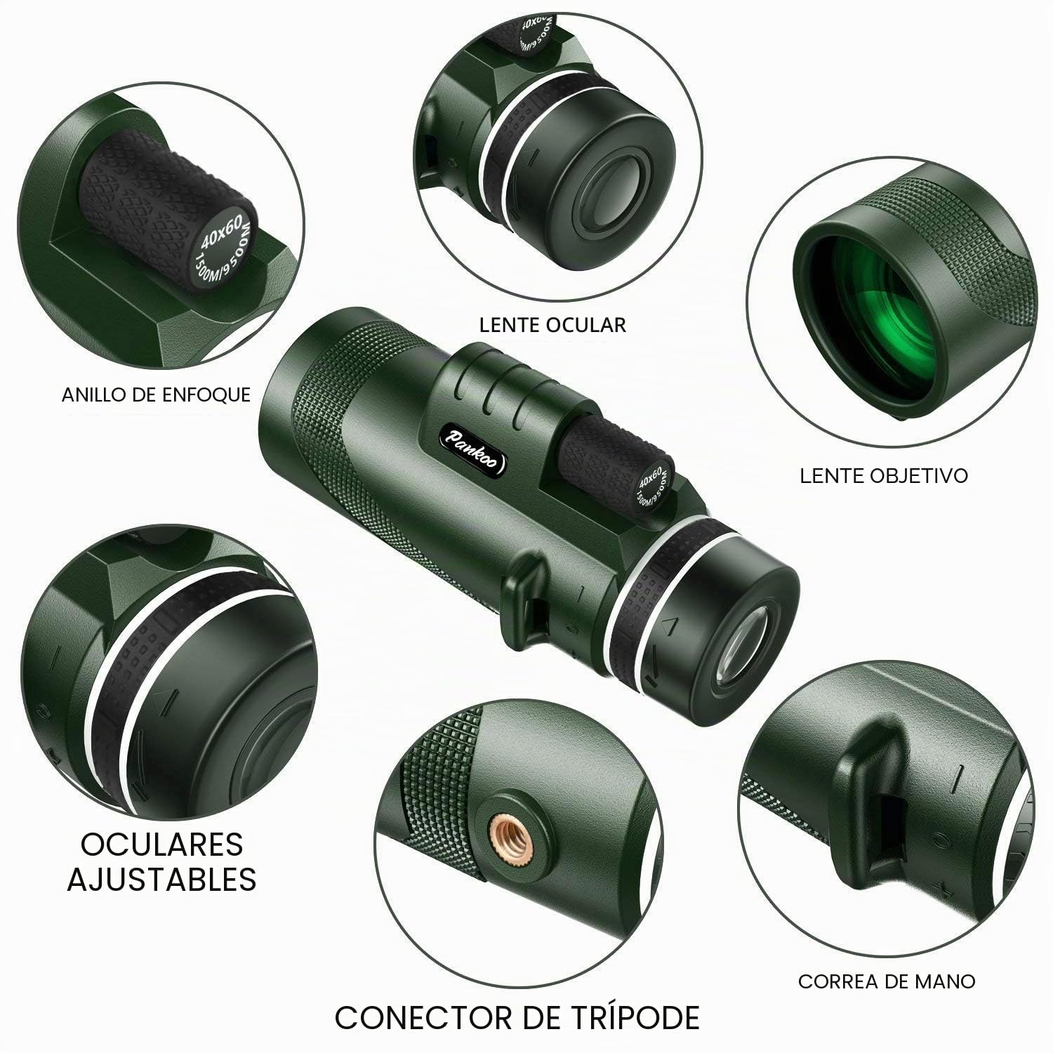Pankoo Monocular 40x60 HD para observación de aves, senderismo y conciertos, con trípode, adaptador de smartphone, prisma BAK4, colores claros y duradero