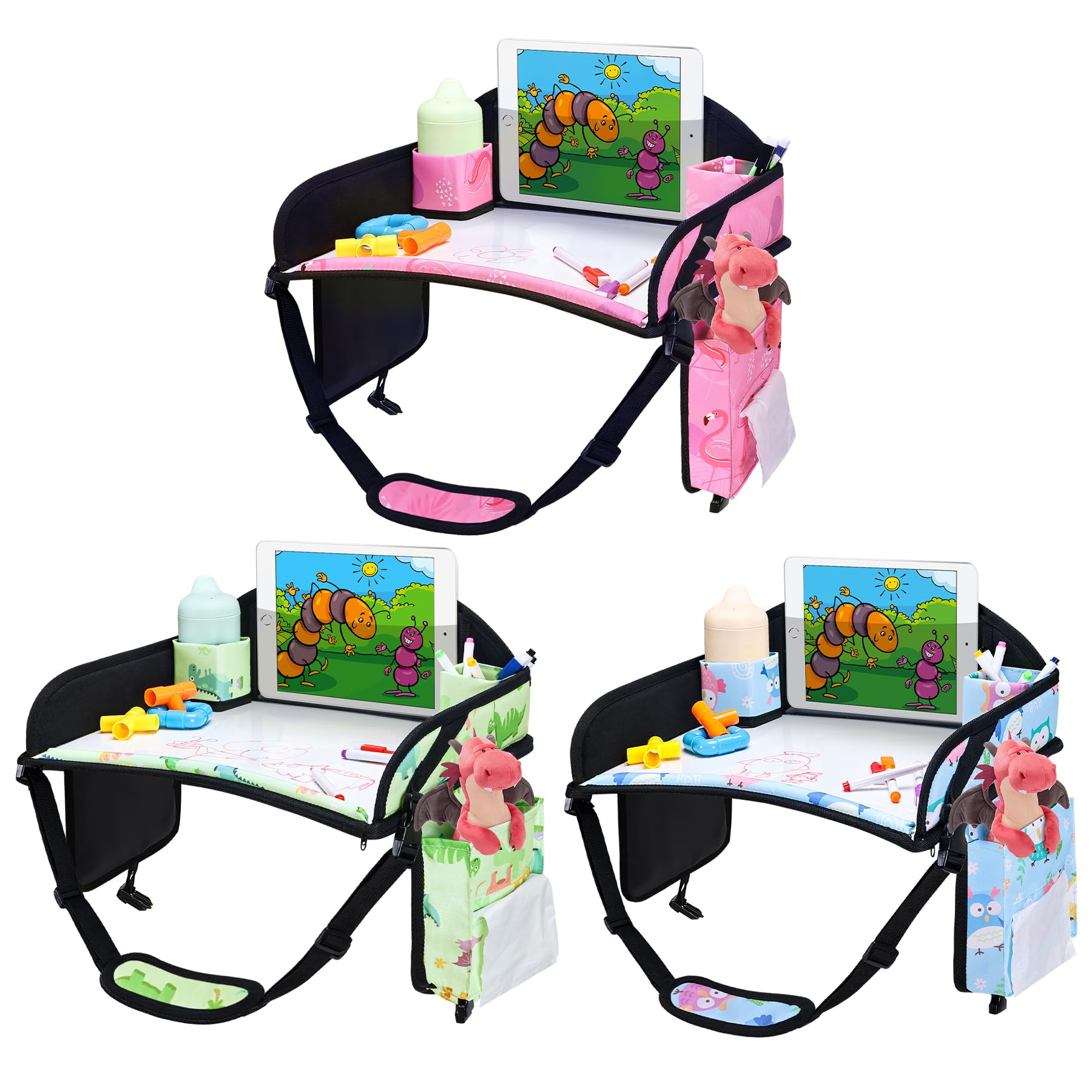 Kids Travel Tray for Toddler Car Seat, Road Trip Activities for Kid | Toddler Car Activities with No-Drop iPad Holder Stand, Roadtrip Essentials with Dry Erase Board &amp; Cooler Cup Holder, 3PC