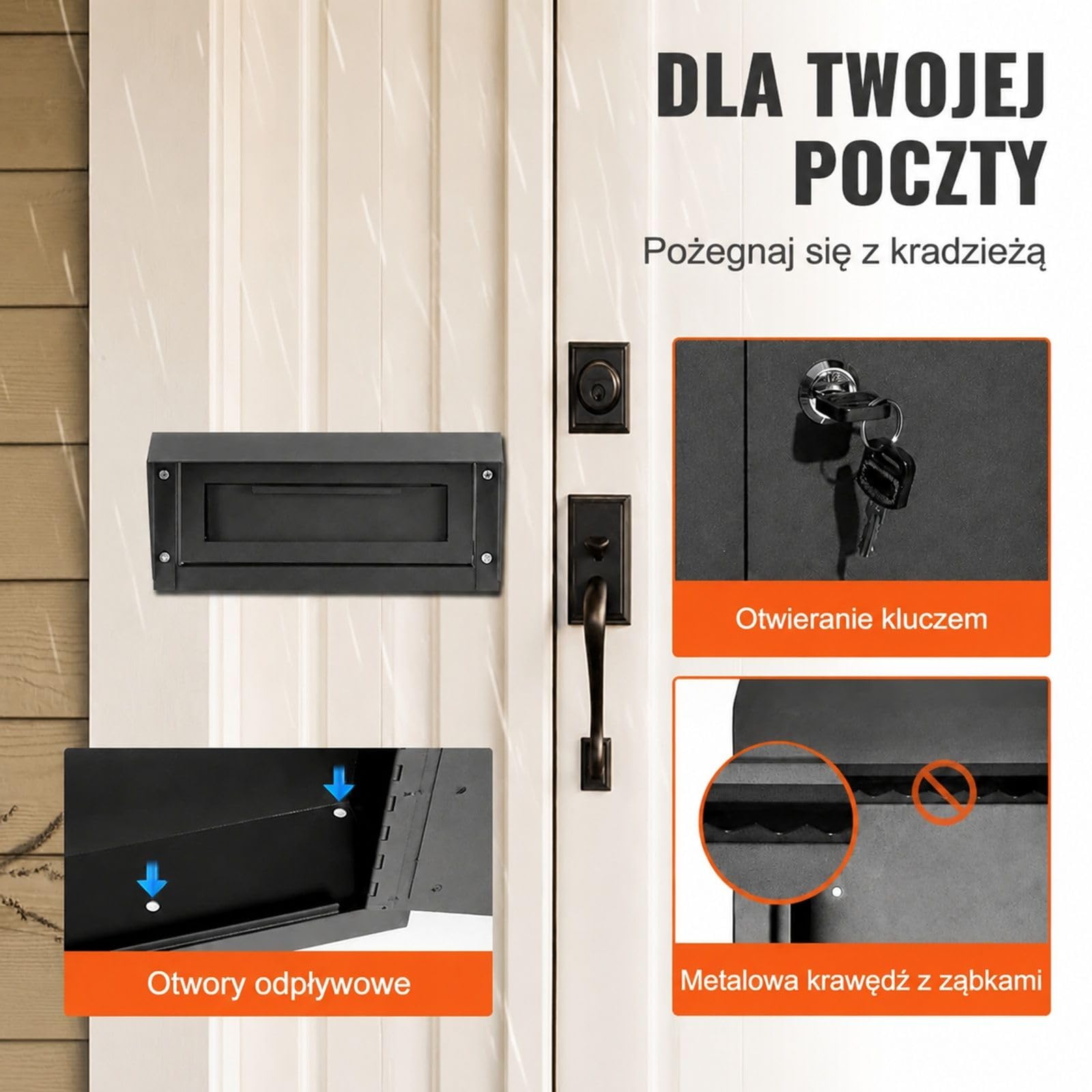Czarna skrzynka pocztowa przelotowa z blachy stalowej do montażu w ścianie lub drzwiach z 2 kluczami