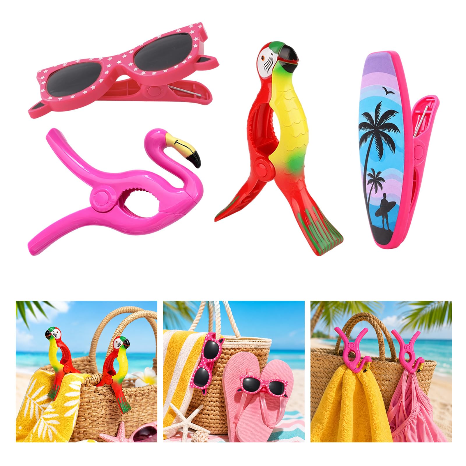 Strandtuchklammer mit Tropenmotiv aus Kunststoff, starker Halt für Pool und Meeresufer, Verwendung mit winddichten Handtuchklemmen in leuchtenden Farben