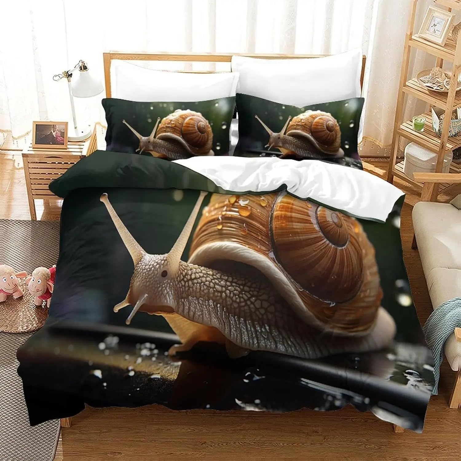 Housse de couette escargot pour chambre enfant : parure lit 90x190 avec taies 65x65 respirante