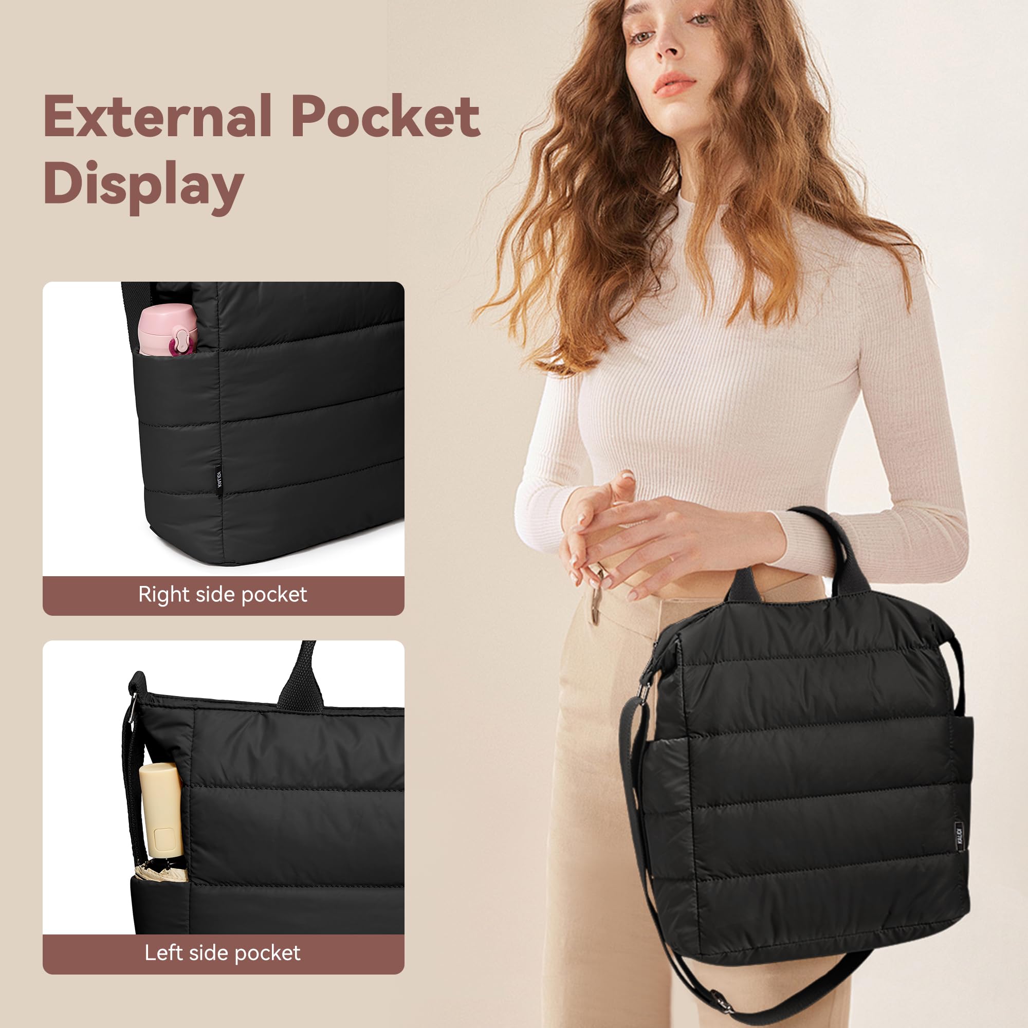 KALIDI Pikowana torba na ramię, puffer hobo, torba na laptopa, odporna na zachlapanie, crossbody, zamek błyskawiczny, torba na ramię, duża, na co dzień, do pracy, na co dzień, damska