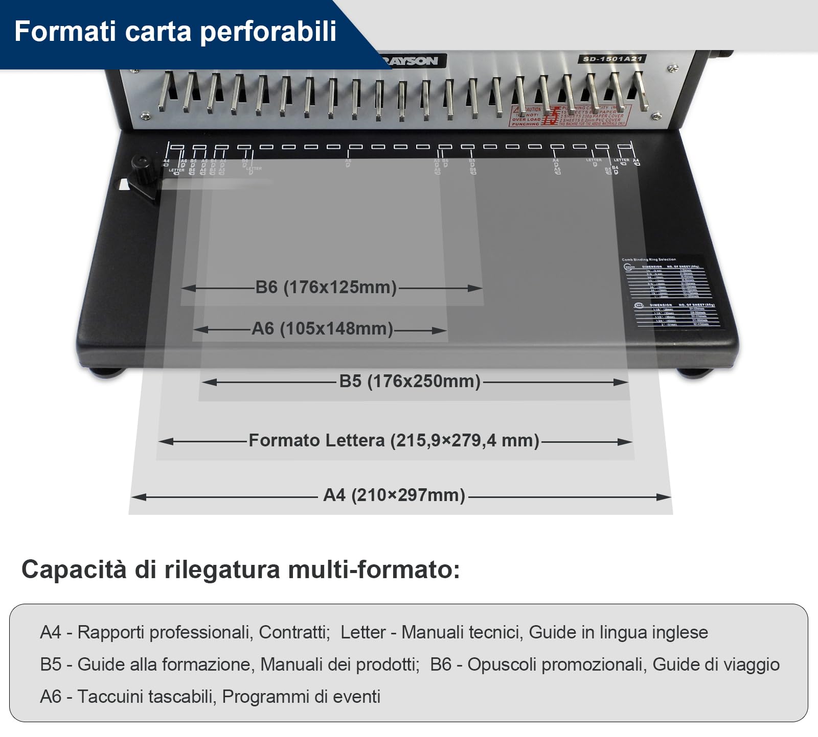 RAYSON Rilegatrice Spirale Plastica, Rilegatura di 200 Fogli, Perforazione di 12 Fogli, per Ufficio e Scuola, SD-1501A21