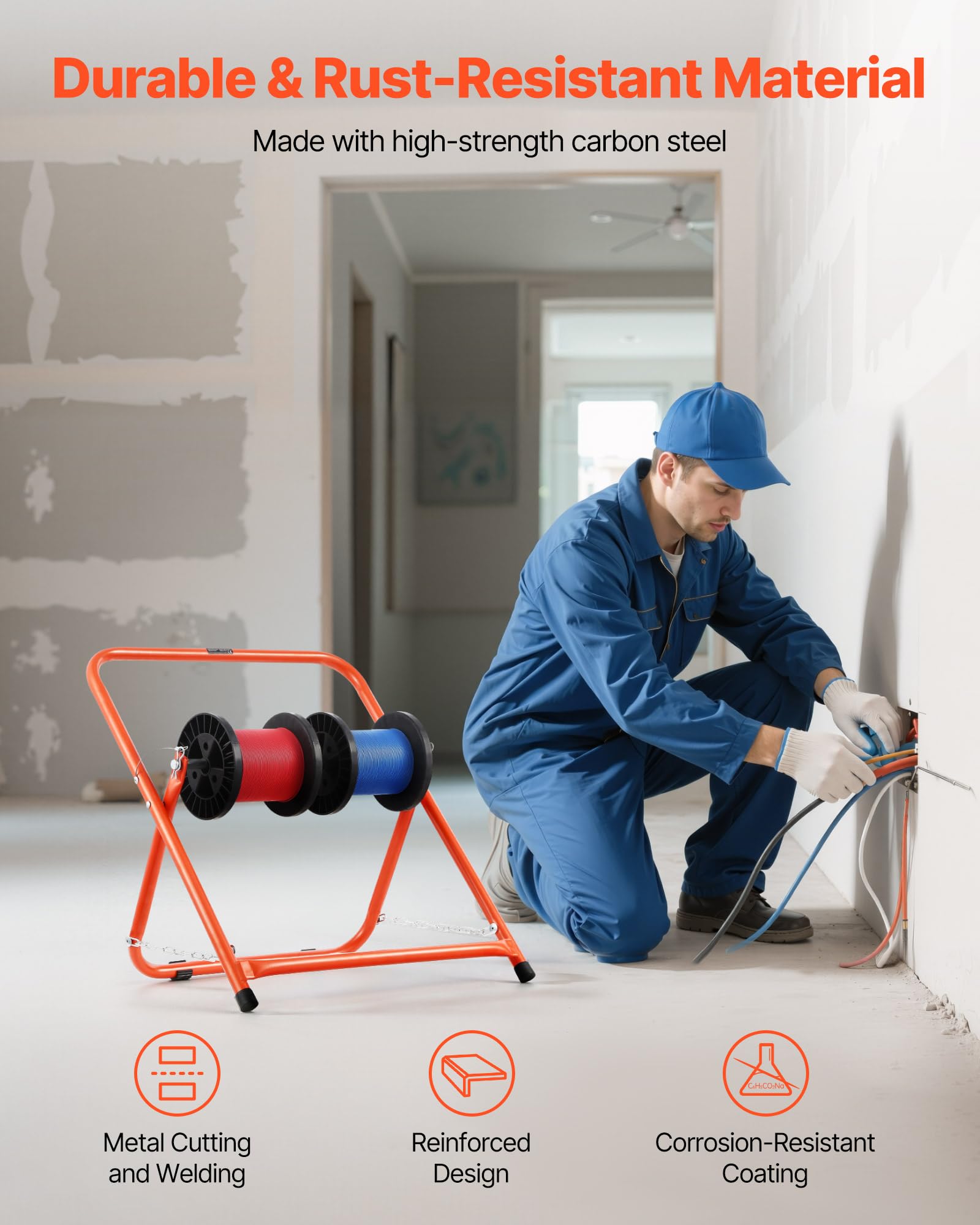 VEVOR Organizador de Cables, Soporte para Carretes de Cables Eléctricos Dispensador Portátil de Alambre para Carretes de Hasta 50 cm de Diámetro, Capacidad de 45 kg para Uso Industrial, Eléctrico