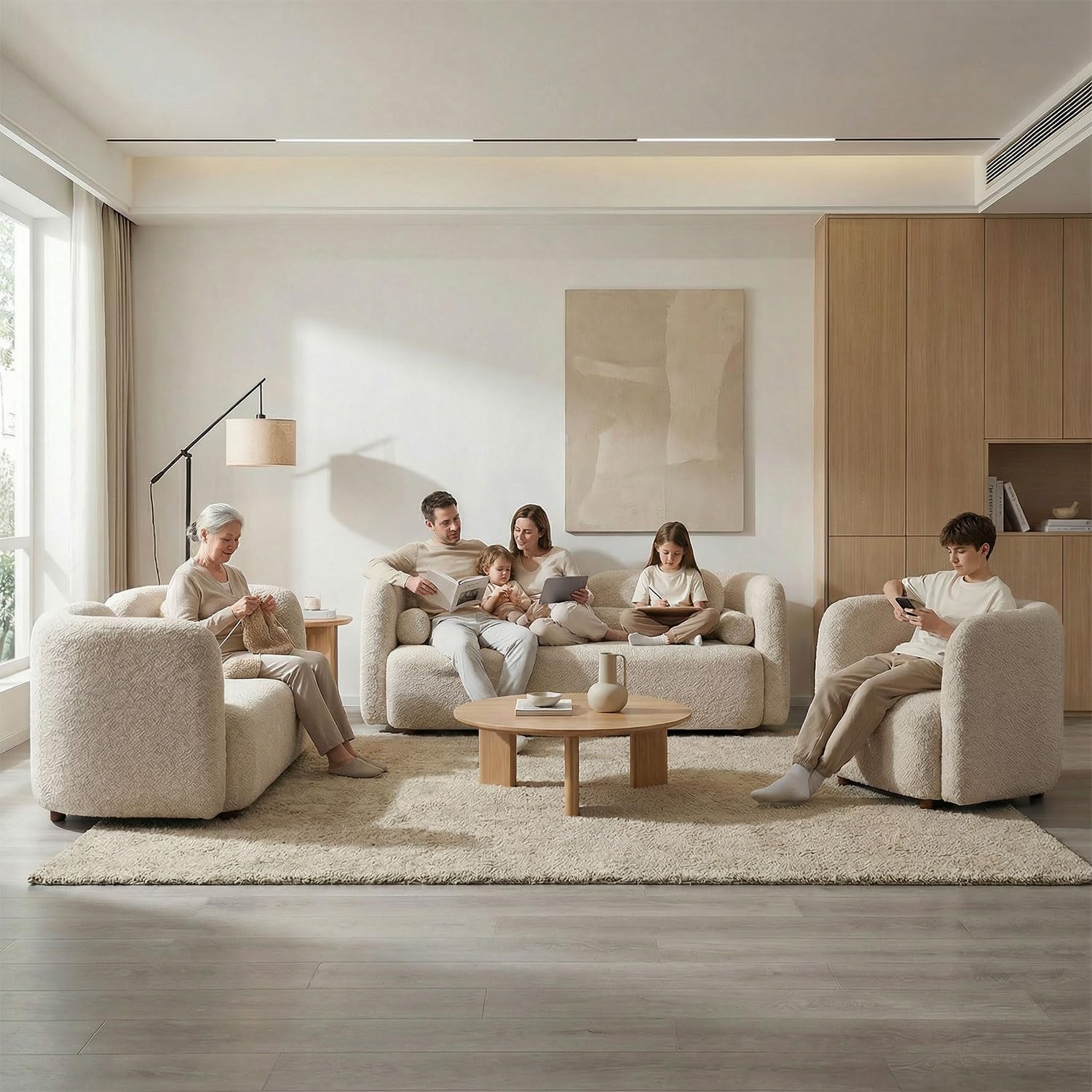 3-Piece Curved Couch Set, Beige Boucle Sofa Loveseat &amp; Chair