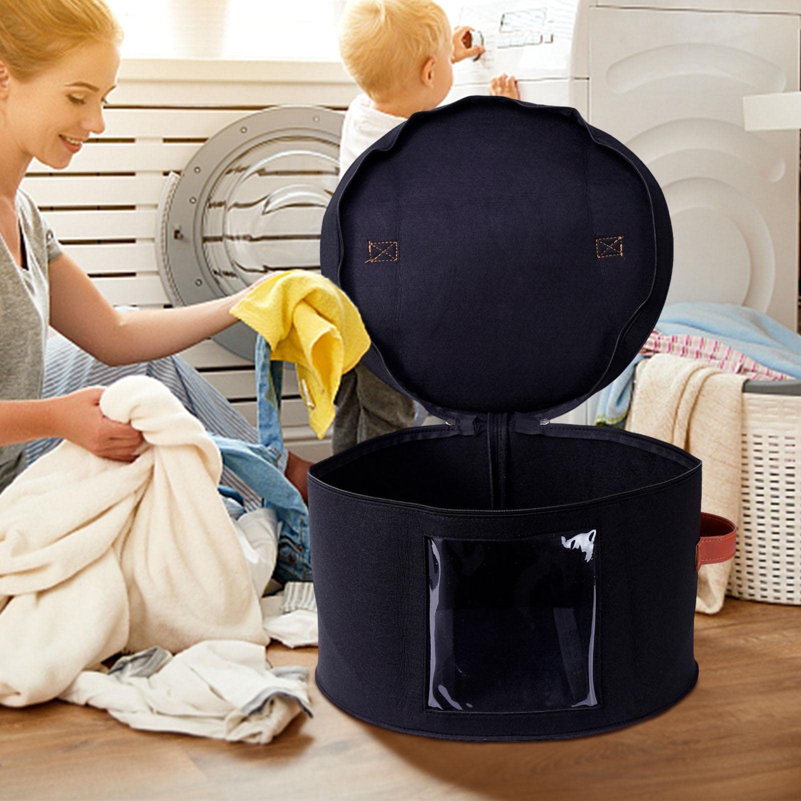 2 cajas redondas con tapa, gran maletín, pop up sombrero, caja de almacenamiento, organizador redondo transparente, organizador de armario decorativo, 43 cm, gris y negro