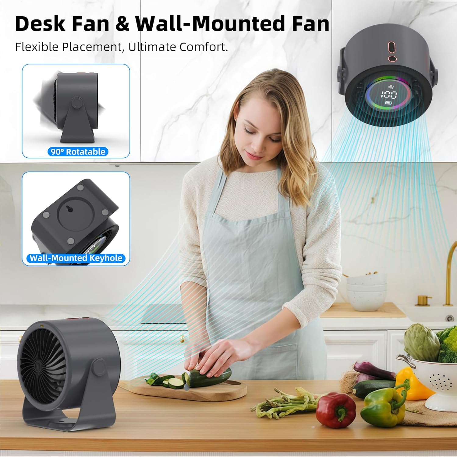 The BETTDOW desk fan shown in both desktop and wall-mounted configurations, highlighting its versatile 2-in-1 design.