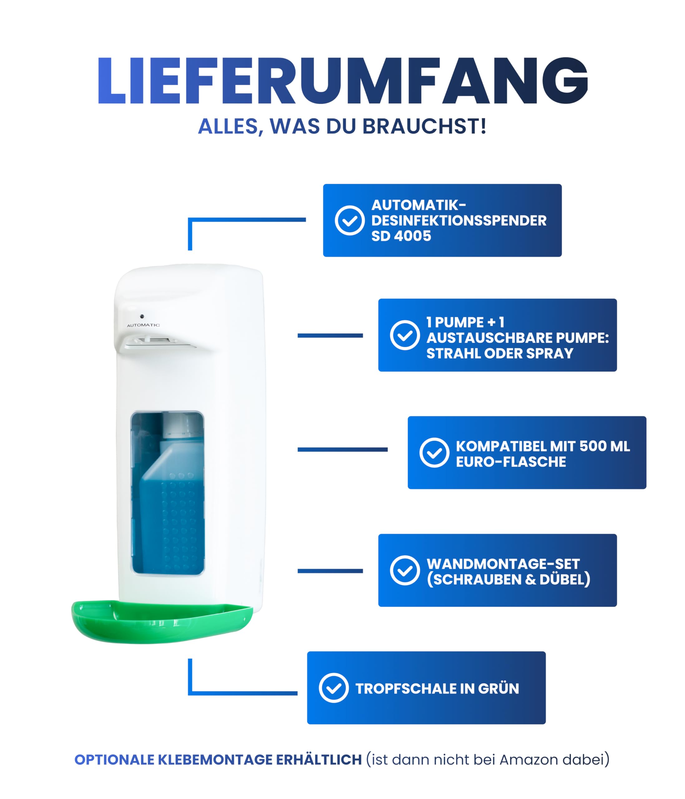 Dispensador de desinfectante automático para botellas europeas, dispensador europeo y dispensador desinfectante con sensor, dispensador de jabón de pared y recargable (blanco con verde