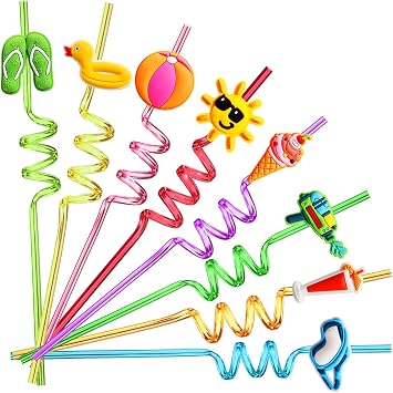 24 Beach Drinking Crazy Silly Straws for Kids Beach Ball Pool Summer Birthday Party Supplies Favors Decorations End of Year Student Gifts Bulk Prizes with 2 PCS Cleaning Brushes