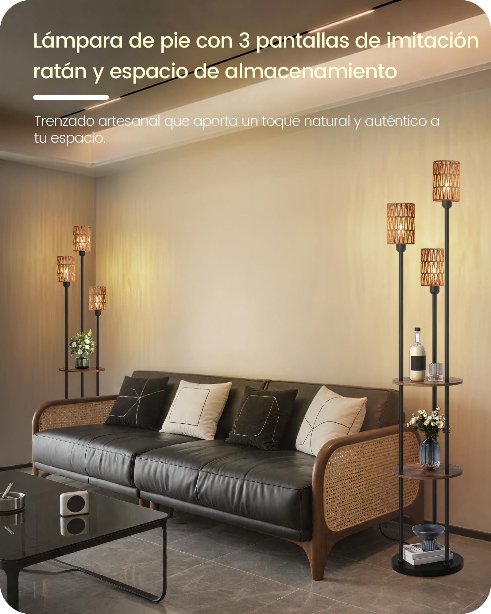Lámpara de Pie con Estante, Estilo Bohemio, con 3 Pantallas de Imitación Ratán y 1 Interruptor de Pie, para Sala de Estar, Dormitorio, Oficina, Marrón Rústico y Amarillo