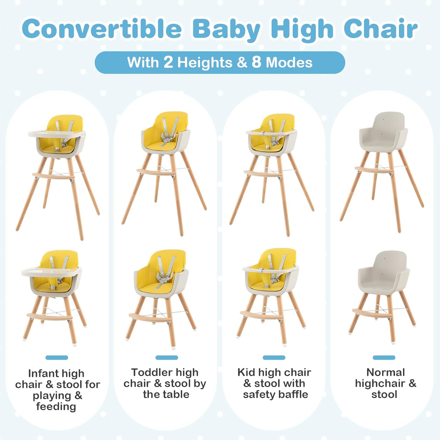 HONEY JOY Baby High Chair, 6-in-1 Eat & Grow Wooden Highchair/Toddler Chair with Removable Tray, 5-Point Harness, PU Cushion and Footrest, Convertible High Chair for Babies and Toddlers(Yellow)