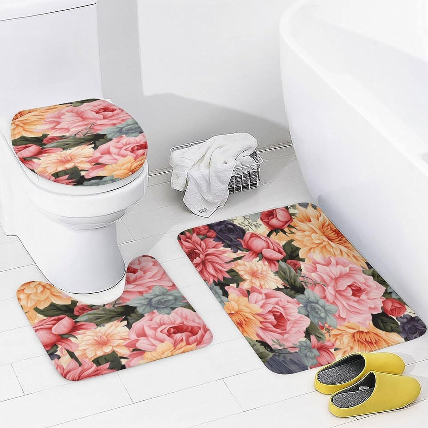 Flower Pattern 4Pcs Shower Curtain Set with Non-Slip Rugs, Toilet Lid Cover and Bath Mat,Bathroom Set Decor Accessories,Curtain Set with 12 Hooks, 72 X 72 Inch