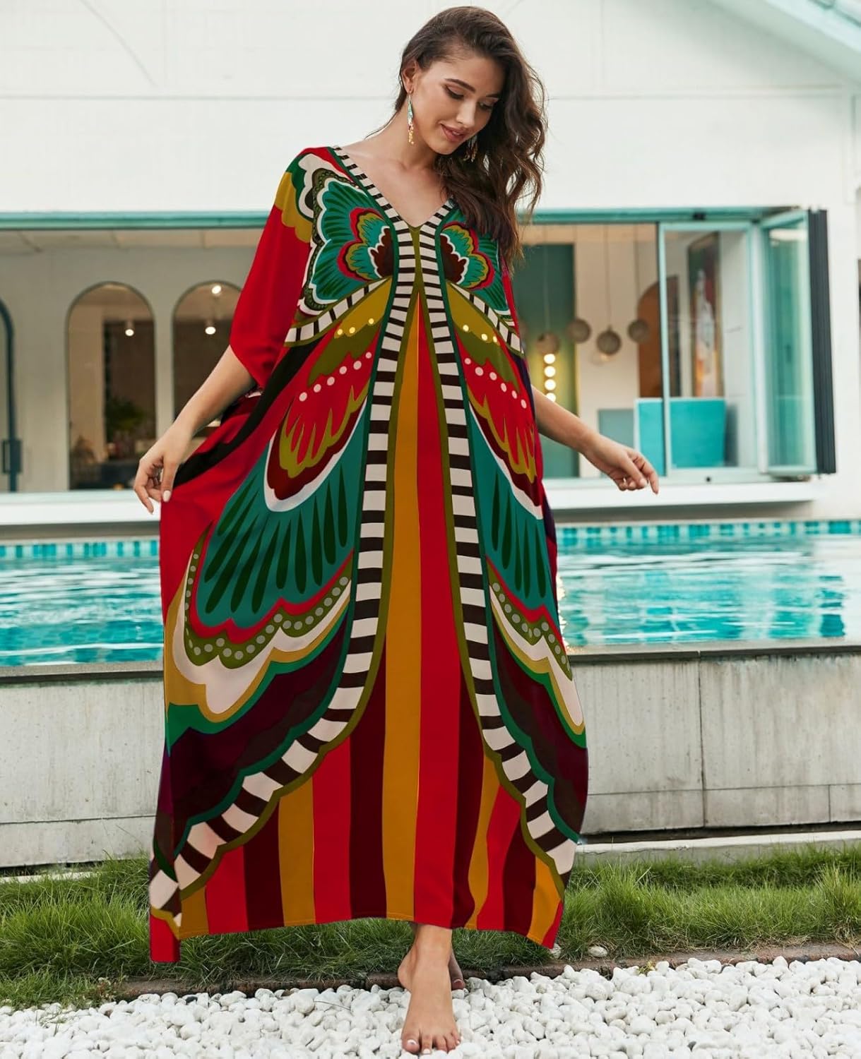 Kaftan Dresses for Women Plus Size Bathing Suit Cover up Batwing Sleeve Caftan Maxi Beach Dress - Image 5