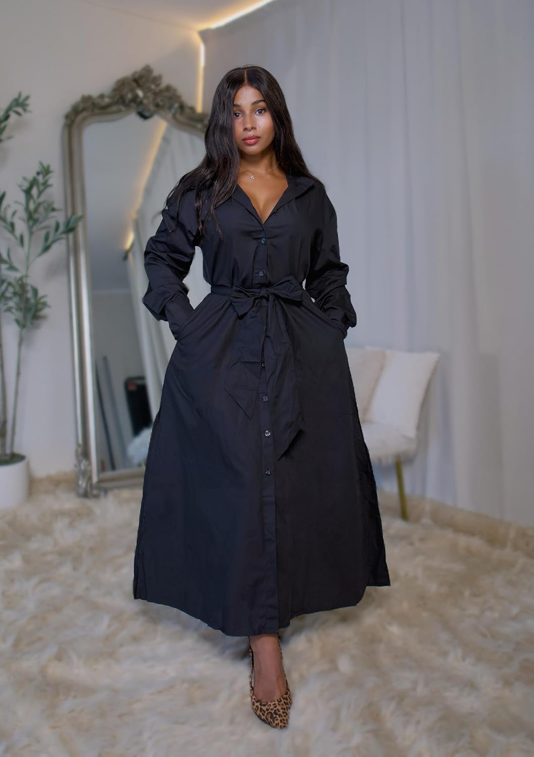 Choichic Shirt Dresses for Women Oversized Side Slit Long Sleeve Button Down Maxi Dresses Cover Up with Pockets Belt - Image 4