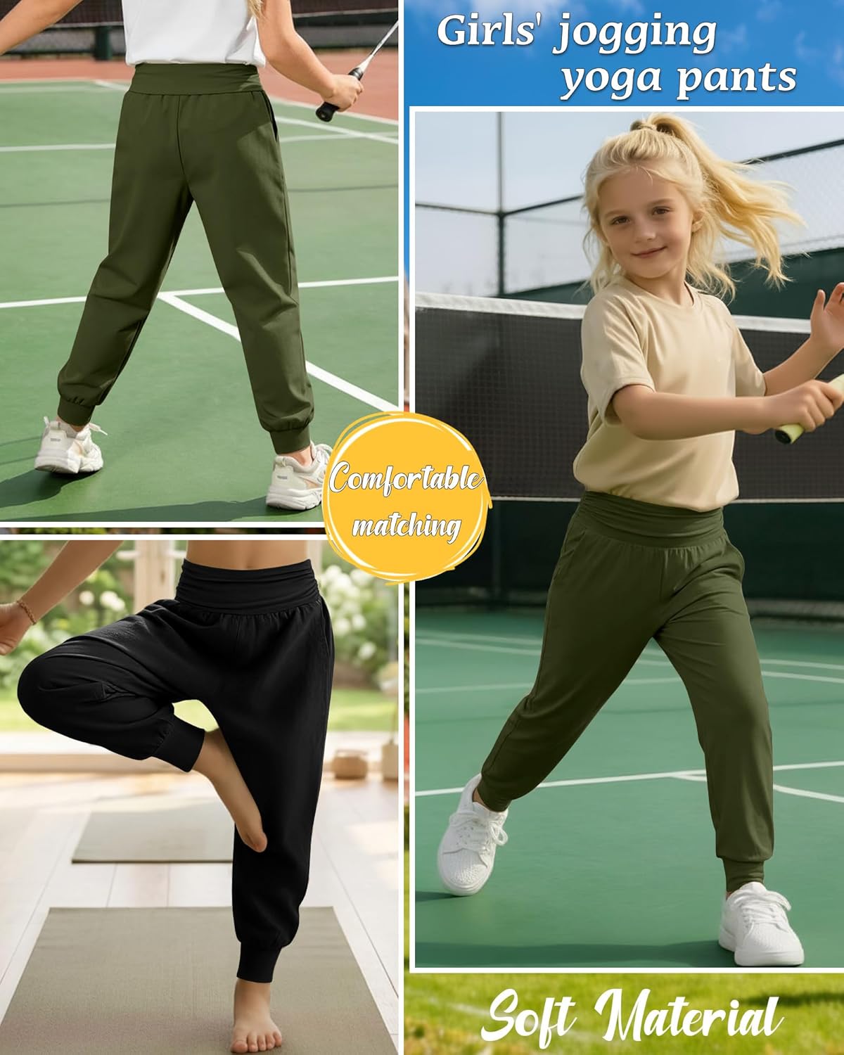 2 Pack Girls' Joggers with Pockets Lightweight Workout Sweatpants High Waisted Lounge Pants Soft Athletic Yoga Pant - Image 4