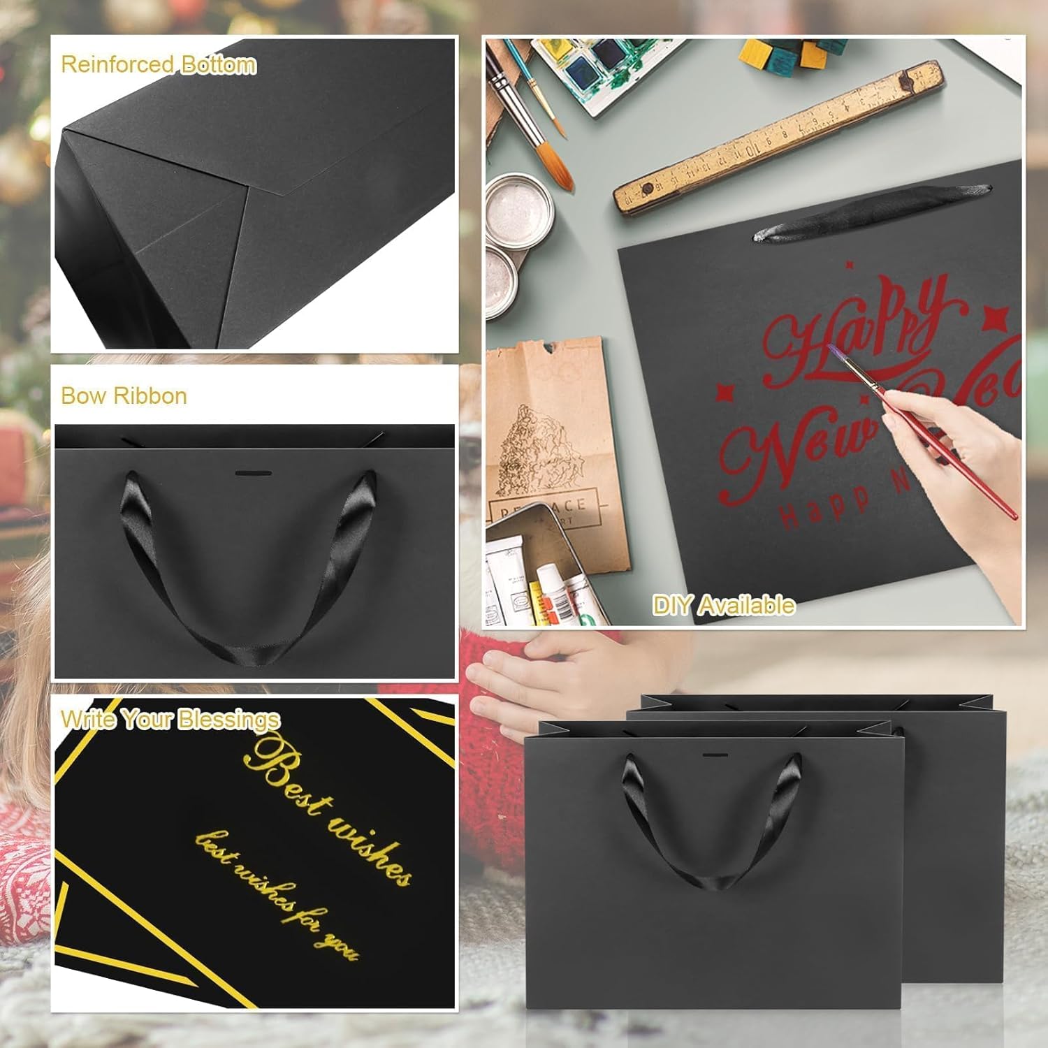 Rcybeo 3 PCS Large Black Gift Bags with Handle, Gift Bags with Tissue Paper and Greeting Card, 14"x 5"x 10" Heavy Duty Wrap Bags for Birthday Party Wedding,Father's Day,Anniversaries, All Occasions - Image 3