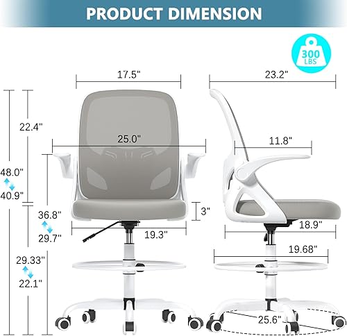 Miniatura 46 de Silla de dibujo alta con anillo reposapiés para el hogar y el trabajo, silla ergonómica de oficina para el hogar con brazos abatibles y soporte