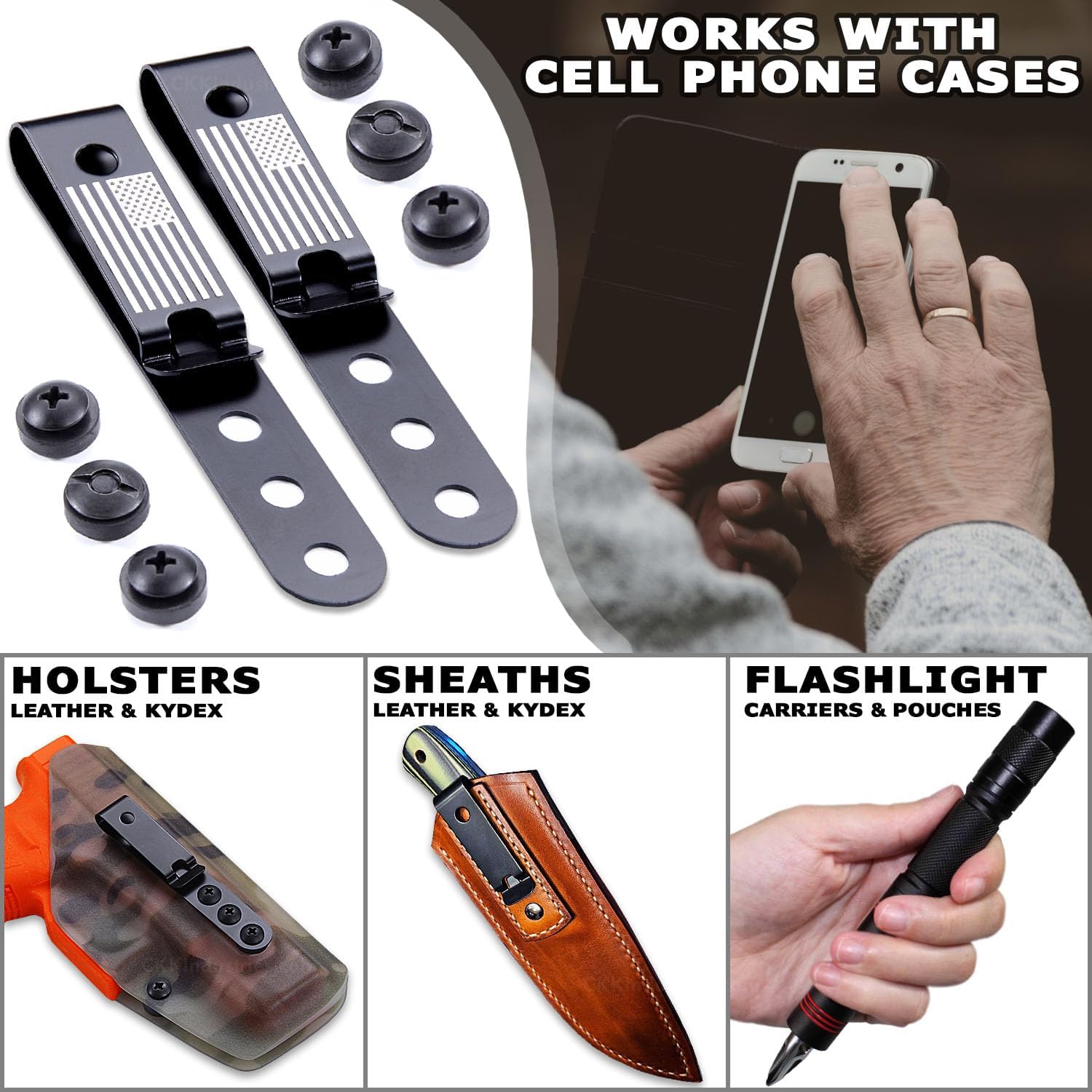 HolsterSmith Universal Metal Belt Clip for Holster Making - (Model 5) - (3-Hole) - (Tactical Black) - (w/USA Flag Engraving) - (w/Mounting Hardware) - (2 Pack)