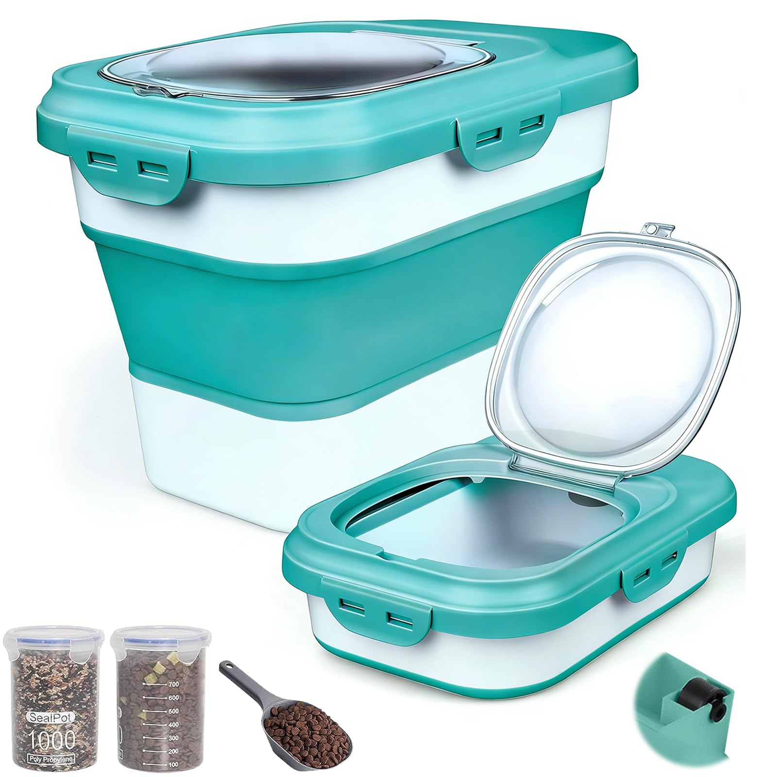 Hcosmy Dog Food Storage Container, Capacity 13.5-16KG Collapsible Pet Food Container with Airtight Lids, Wheels, Scoop and 2pcs Food Storage Containers, Large Pet food storage for Dog, Cat (Green)