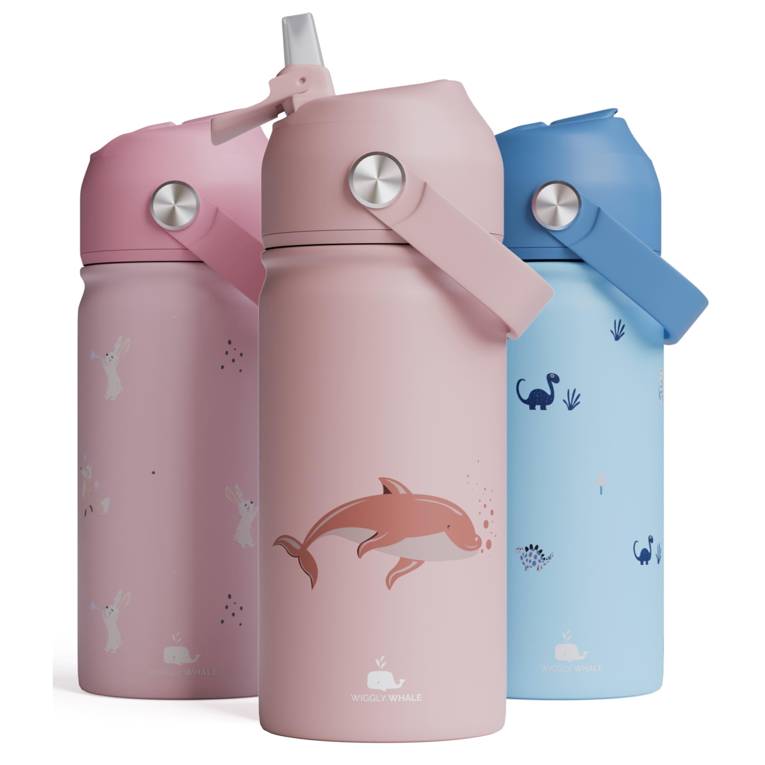 Wigglywhale Stainless Steel Kids Water Bottle With Straw- 380ML, BPA-Free, Leakproof, Insulated, Double Wall, for School & Toddler Use, Used With or Without Straw, Hot & Cold Liquids.