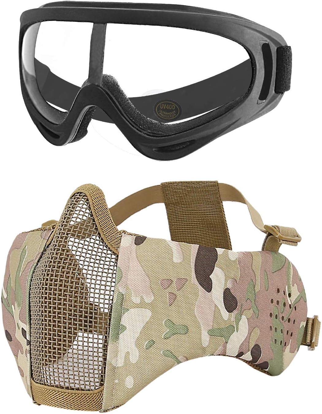 MGFLASHFORCE Airsoft Mask and Goggles, Steel Mesh Mask (Ear Protection - CP) : Sports & Outdoors