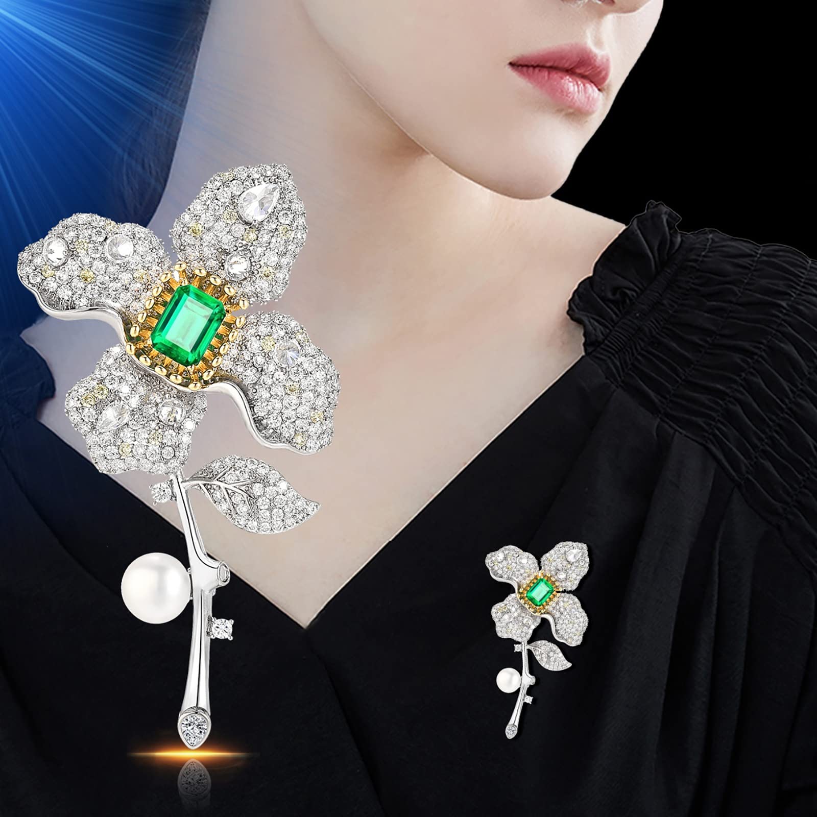 Dreidimensionale Brosche mit vierblättriger Blume und dick vergoldetem Zirkonia für Damen, Anstecknadeln mit Perlen