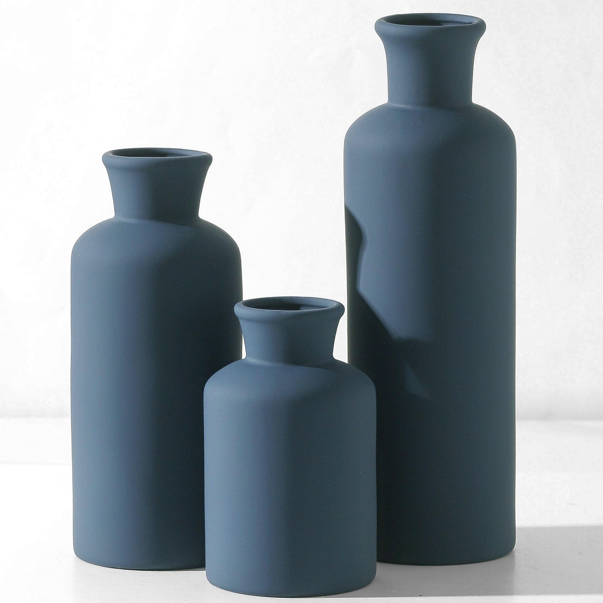 Ceramic Vase Set of 3, Vases Neutral Modern Vases Home Decor Boho Vase Farmhouse Decor Flowers Pampas Vase for Table Mantel Entryway Shelf Living Room Kitchen Bathroom - Navy Blue