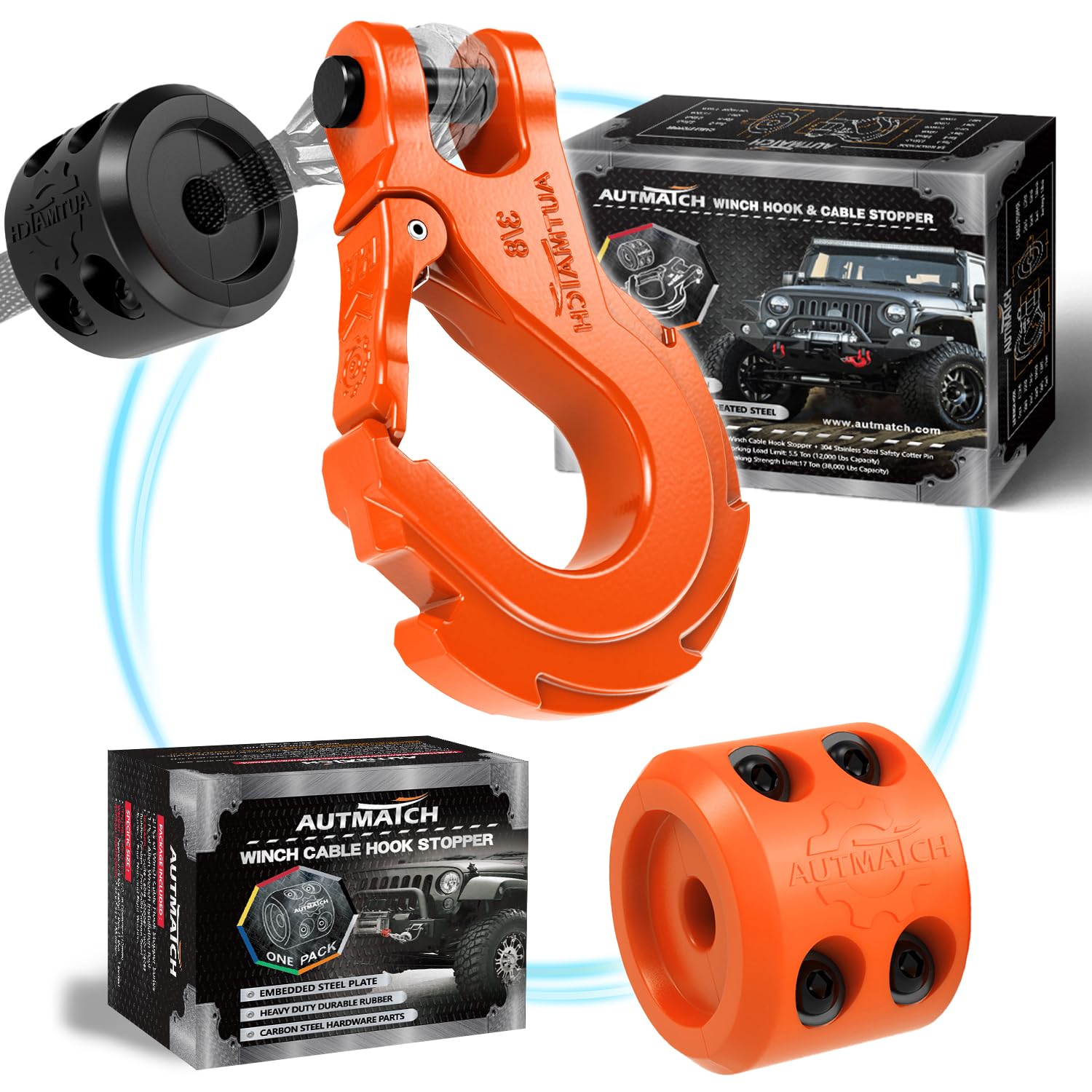 AUTMATCH 3/8" Winch Hook Safety Latch with Winch Cable Hook Stopper, Grade 70 Forged Steel Clevis Slip Hook, Max 39,600Lbs Work for Winch Rope, ATV, UTV, Off Road Vehicle, Orange